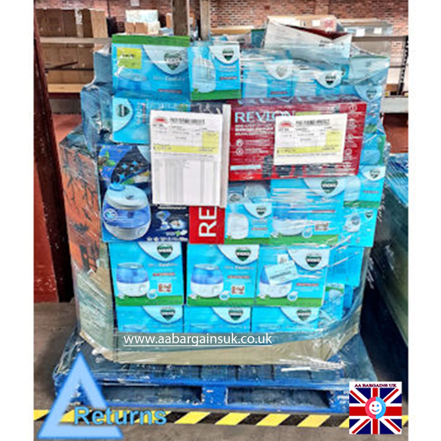 Wholesale Returns Pallet – Vicks Humidifiers, Steamers, Diffusers & Revlon Hair Stylers | 132 Items | RRP £4,605.36 | Lot No. 208705
